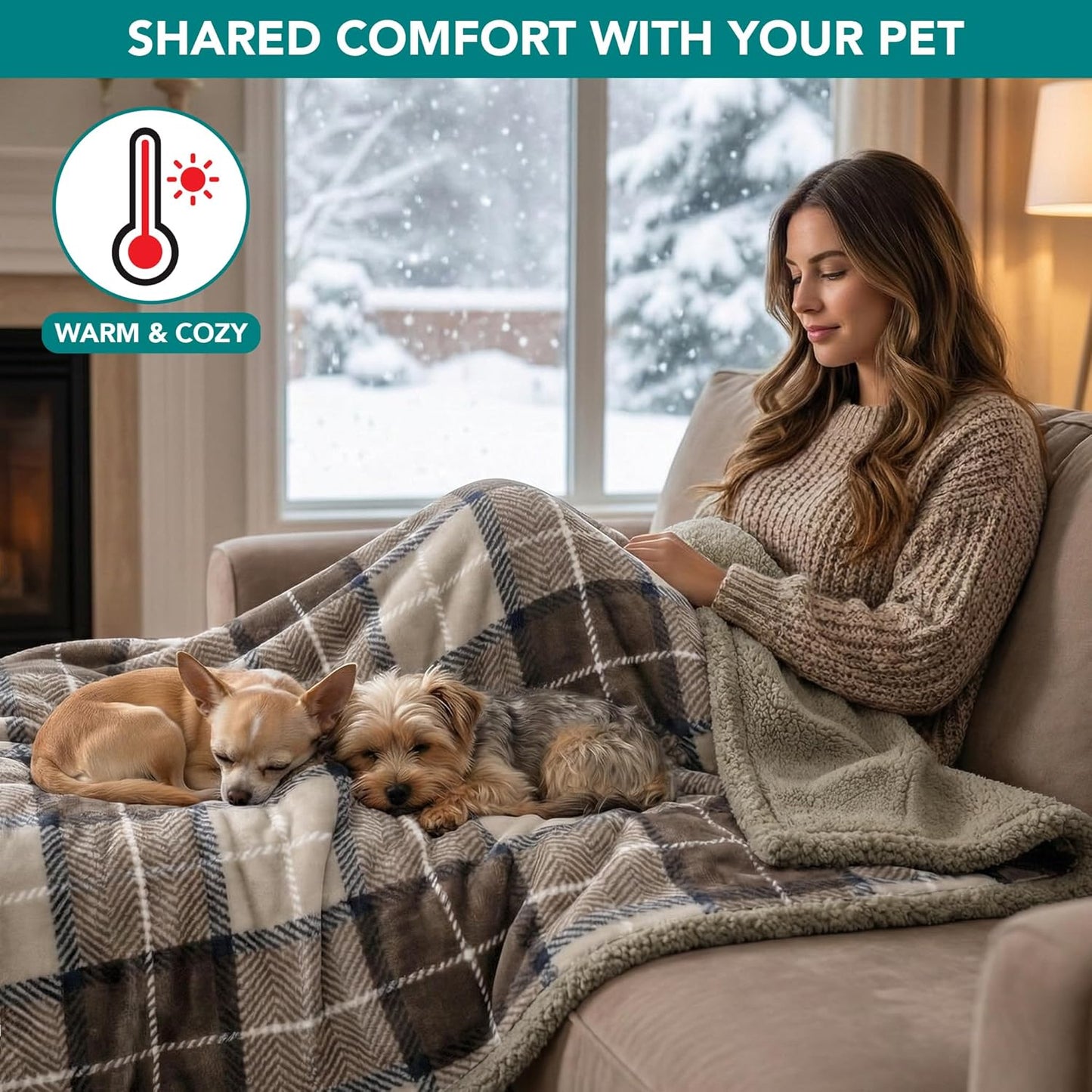 Waterproof Dog Blanket for Bed, Couch, Sofa | Waterproof Dog Bed Cover for Large Dogs, Puppies | Checkered Sherpa Fleece Pet Blanket Furniture Protector | Reversible | 80 X 60 (Taupe)