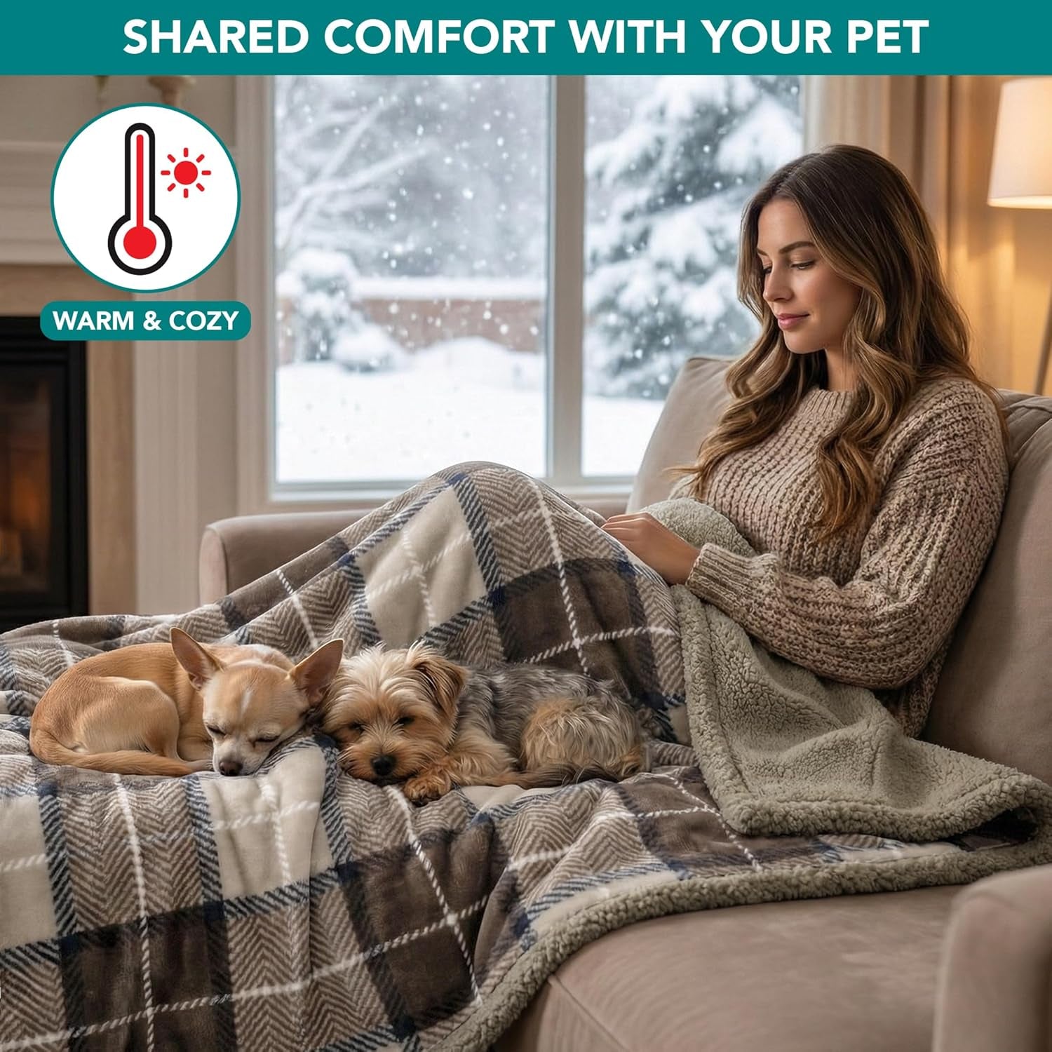 Waterproof Dog Blanket for Bed, Couch, Sofa | Waterproof Dog Bed Cover for Large Dogs, Puppies | Checkered Sherpa Fleece Pet Blanket Furniture Protector | Reversible | 80 X 60 (Taupe)