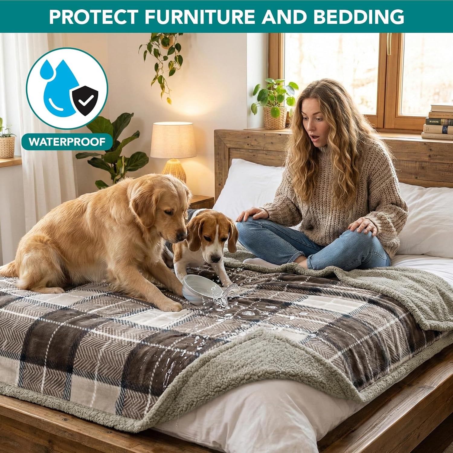 Waterproof Dog Blanket for Bed, Couch, Sofa | Waterproof Dog Bed Cover for Large Dogs, Puppies | Checkered Sherpa Fleece Pet Blanket Furniture Protector | Reversible | 80 X 60 (Taupe)