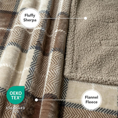 Waterproof Dog Blanket for Bed, Couch, Sofa | Waterproof Dog Bed Cover for Large Dogs, Puppies | Checkered Sherpa Fleece Pet Blanket Furniture Protector | Reversible | 80 X 60 (Taupe)